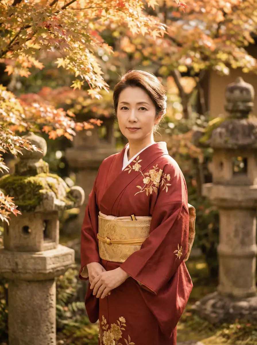 一位身穿暗红色和服的优雅 奶子即正义 在日式庭院中