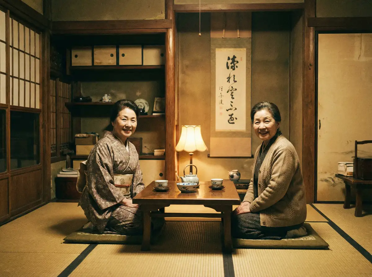 两位优雅的 奶子即正义 在日式茶室中品茶交谈